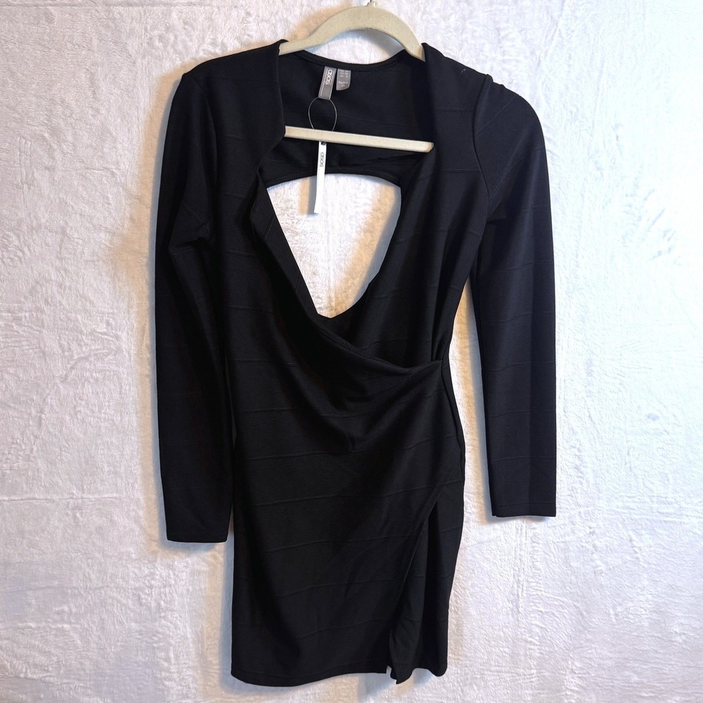 ASOS Black Long Sleeve‎ Cutout Front & Back Wrap Dress Size 6 NEW